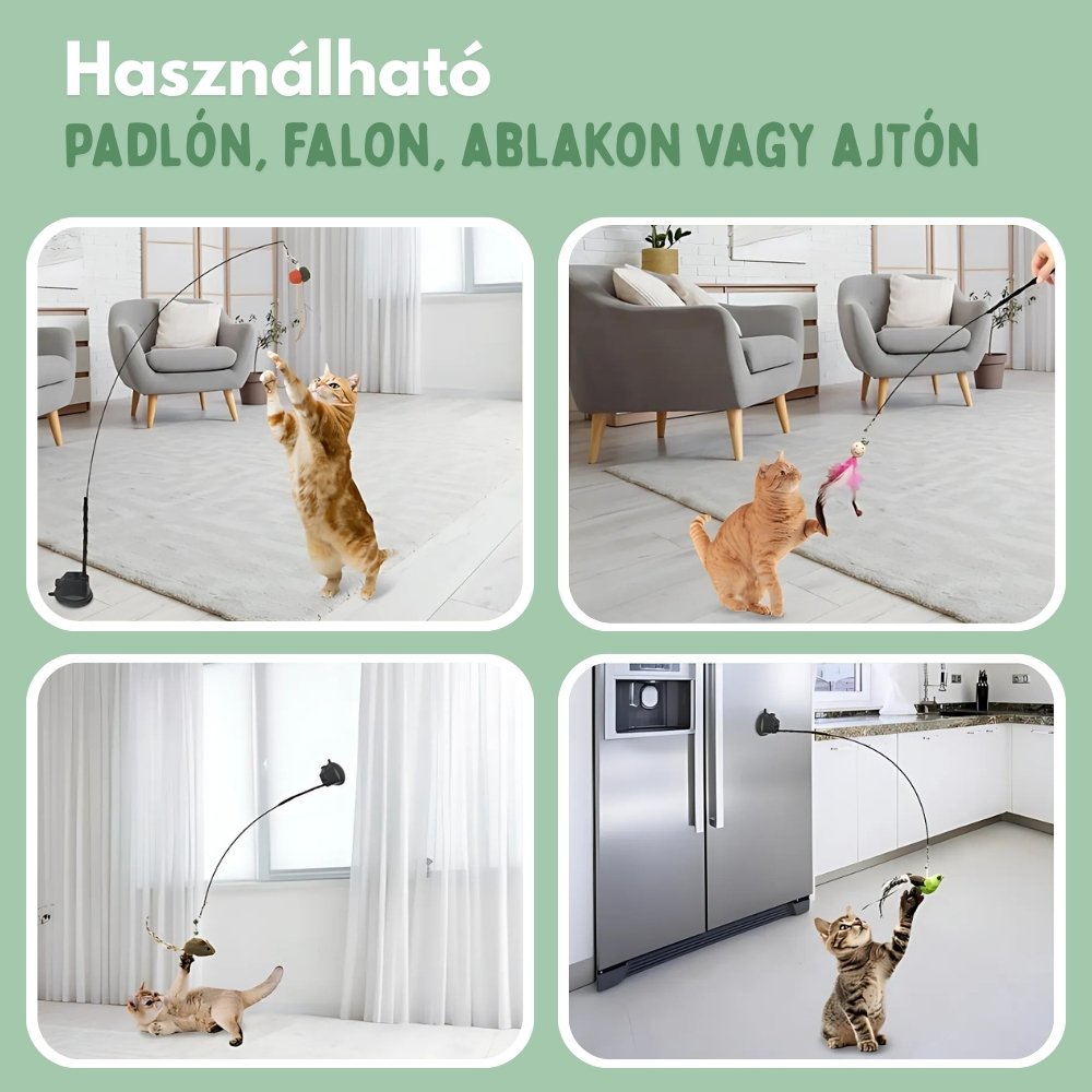 Interaktív macskajáték tollakkal, függesztve és ruganyos mozgással